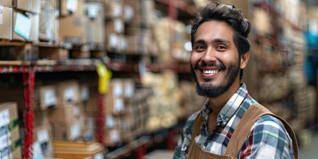 Portrait of smiling young man in apron looking at camera in warehouseの素材