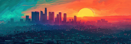 Panoramic view of the city at sunset. Vector illustration.の素材