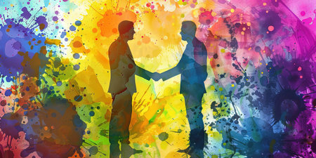 Silhouettes of two men shaking hands on abstract colorful background.の素材