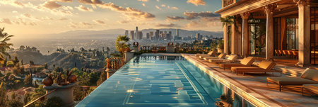 Swimming pool at luxury hotel, panoramic view of Los Angelesの素材