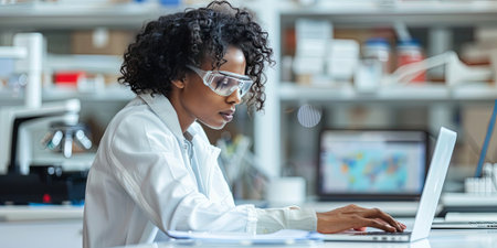 african american female scientist in eyeglasses working on laptop in laboratoryの素材