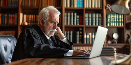 Old judge working in his courtroom. Lawyer working with laptop.の素材