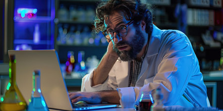 Stressed male scientist working late at night in a laboratory. Science and technology concept.の素材