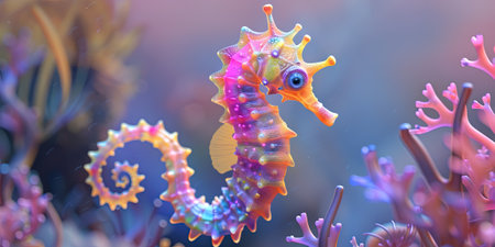 Colorful seahorse on the coral reef. 3d renderingの素材