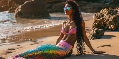 Beautiful young woman in bikini and sunglasses on the beach at sunsetの素材