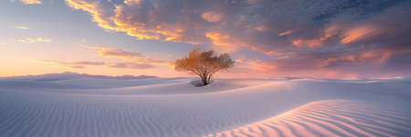 3D rendering of a lonely tree in the desert at sunset.の素材