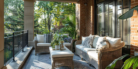 Outdoor patio with wicker chairs and cushions on terraceの素材