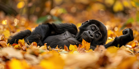 Gorilla in the autumn forest with yellow leaves and fallen leavesの素材