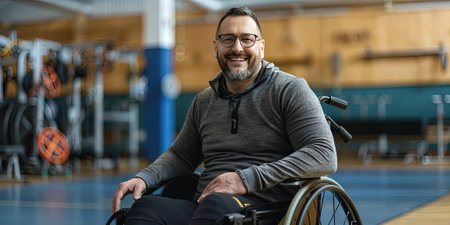 Portrait of a smiling disabled man in a wheelchair in a gymの素材