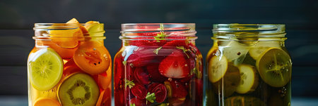 Preserved fruits and vegetables in jars. Selective focus. nature.の素材