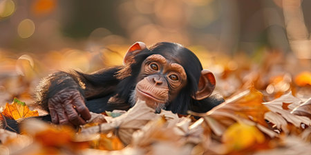 Chimpanzee in the autumn forest, close-up.の素材