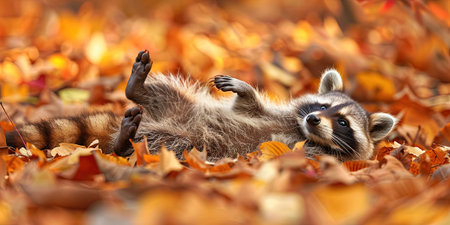 Two raccoons playing in autumn leaves. Wildlife scene from nature.の素材