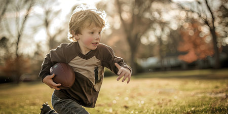 Cute little boy playing american football in the park at sunsetの素材