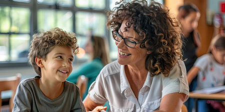 Front view of smiling teacher and her little son looking at camera in classroomの素材