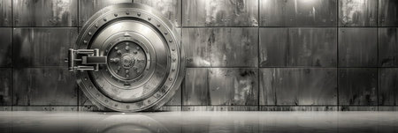 3d rendering of a metal bank vault door with a metal lockの素材