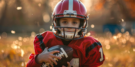 Portrait of a little boy playing american football on the fieldの素材