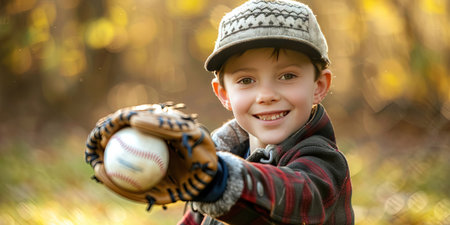 Cute little boy with baseball glove and ball in park on sunny autumn dayの素材