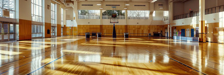 Interior of a gymnasium with wooden flooring and large windowsの素材
