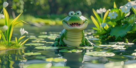 Little crocodile on a pond with lily flowers in the backgroundの素材