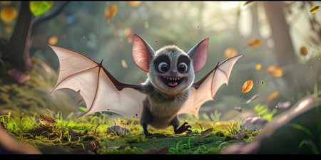 3D rendering of a cute little bat in a fantasy forest.の素材