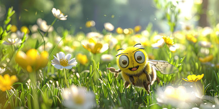 Funny bee in the spring meadow. 3d illustration.の素材