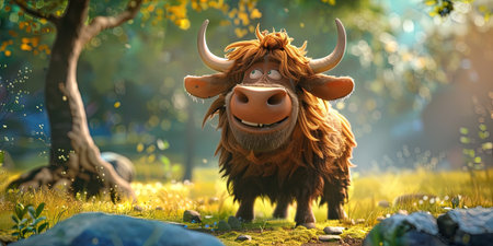 Fairy-tale character of a hairy bull in the forest.の素材