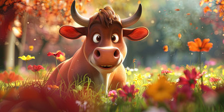 Cow in the meadow with flowers. 3d render illustration.の素材