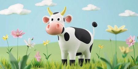 Cow in the meadow with flowers. 3d rendering illustration.の素材