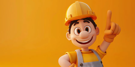 3d illustration of a builder with thumbs up over yellow background.の素材