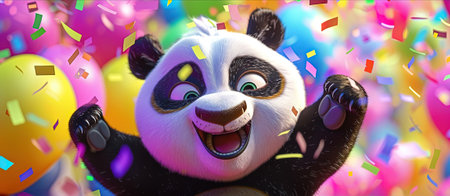 Cute cartoon panda with colorful balloons and confetti. 3d renderingの素材