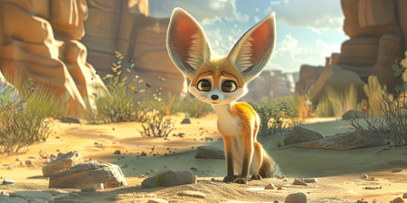 3D rendering of a cute fox in the desert at sunset.の素材