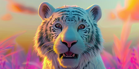 White tiger on the meadow at sunset. 3D illustration.の素材