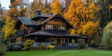 Autumn landscape with a wooden house in the park in autumn.の素材