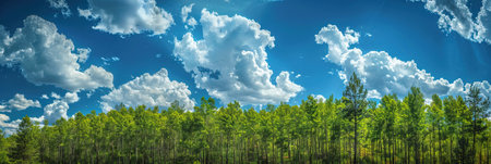 Panoramic view of green forest and blue sky with white cloudsの素材