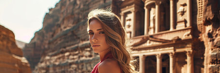 Beautiful girl in a red dress on the background of ancient ruins.の素材