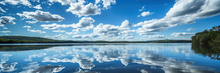 Panoramic view of a beautiful lake with blue sky and cloudsの素材