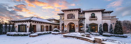 Panoramic view of a luxury home in winter with snow.の素材