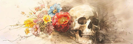 Still life with human skull, flowers and butterflies on grunge backgroundの素材