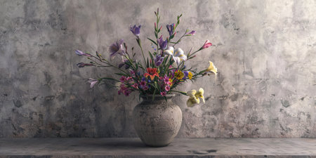 Bouquet of spring flowers in vase on wooden table.の素材