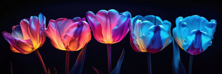 Colorful tulips on black background. 3d render illustration.の素材
