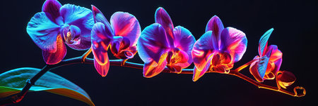 Orchid flower in neon light on black background. 3d illustrationの素材