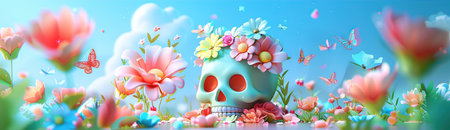 Skull with flowers and butterflies on a blue background. 3d illustrationの素材