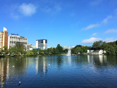 AUGUST, 18th 2016 - STAVANGER, NORWAY: The small lake Breiavatnet in Stavanger, Norway.のeditorial素材