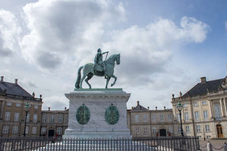 The equestrian statue of King Frederik V at the Amalienborg Palace in Copenhagen, the capital of...