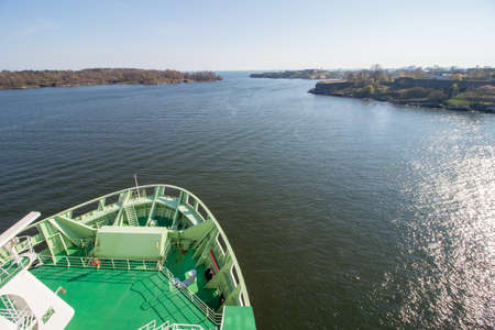 Ship in the Helsinki archipelago. The famous Suomenlinna fort to the right.の写真素材