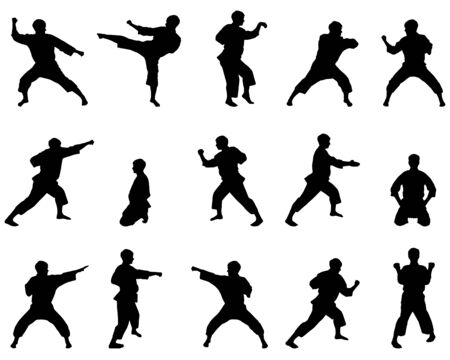 Set of black silhouettes of the person on a white background in style in karate great for your design.のイラスト素材
