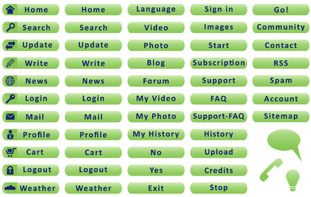 Buttons for a website with icons. Vector art in EPS format. All buttons organized in layers for usability. The text has been converted to paths, so no fonts are required.のイラスト素材