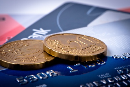 Credit cards and coins macro.の写真素材