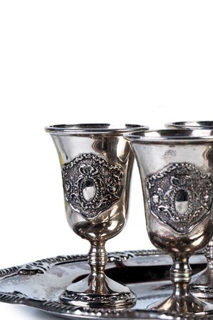 Silver metallic stemware on tray.の写真素材