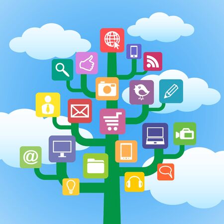Tree with icons gadgets and computer symbols  Internet concept のイラスト素材